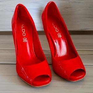 Aldo Red patent peep heels size 37